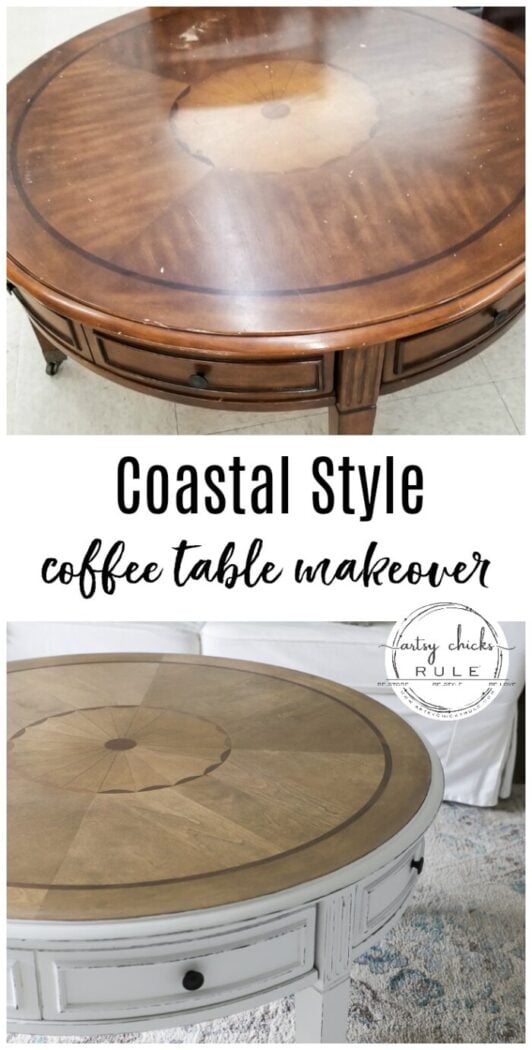 This $35 thrift store coffee table got a brand new, coastal style coffee table look ...with a little paint, stain and poly! Simple! artsychicksrule.com #coffeetablemakeover #coastalstyle #gelstain #chalkpaintedfurniture 