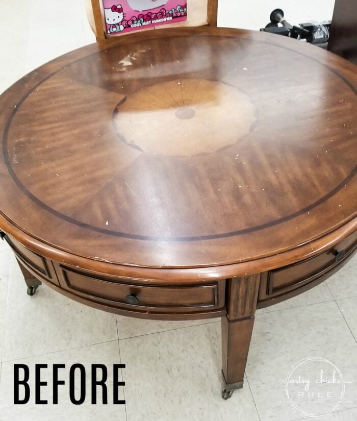 This $35 thrift store coffee table got a brand new, coastal style coffee table look ...with a little paint, stain and poly! Simple! artsychicksrule.com #coffeetablemakeover #coastalstyle #gelstain #chalkpaintedfurniture 