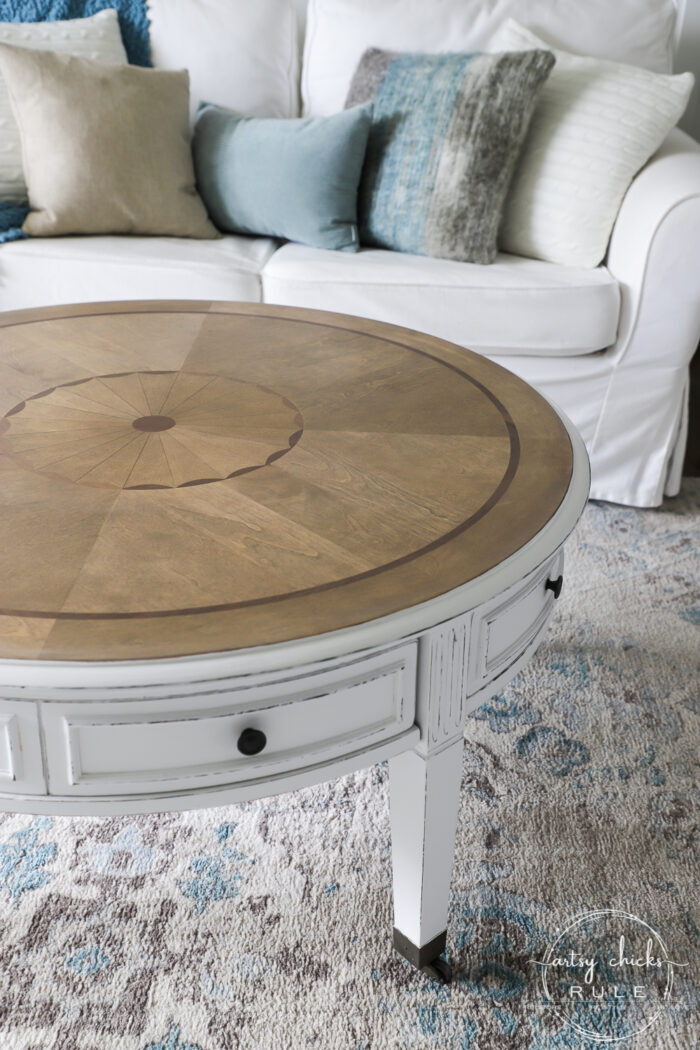 This $35 thrift store coffee table got a brand new, coastal style coffee table look ...with a little paint, stain and poly! Simple! artsychicksrule.com #coffeetablemakeover #coastalstyle #gelstain #chalkpaintedfurniture 