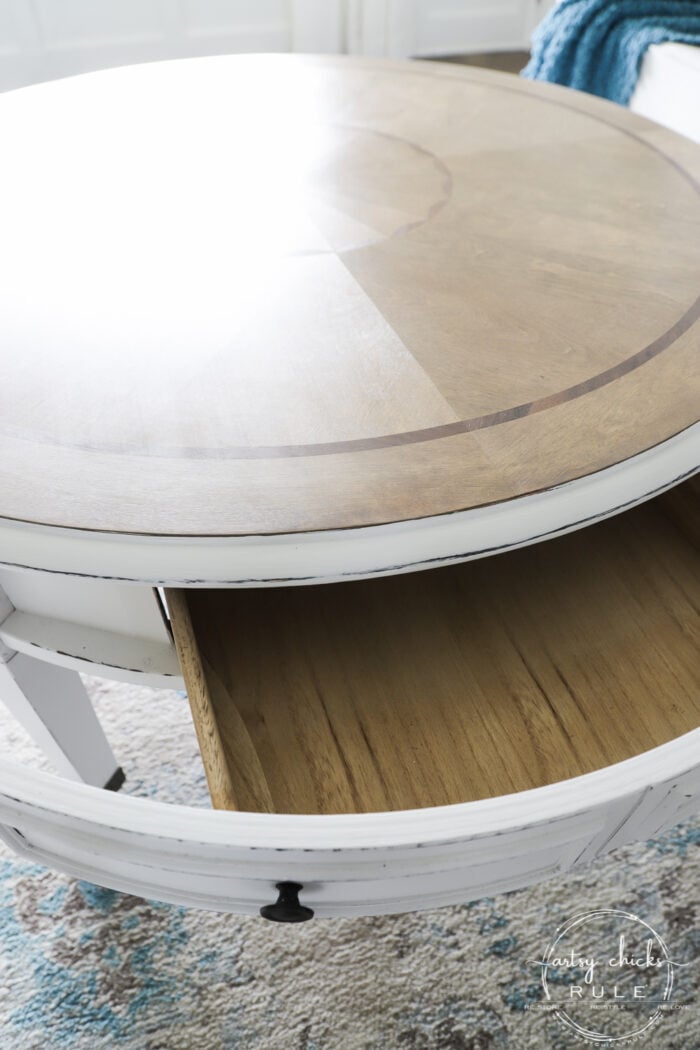 This $35 thrift store coffee table got a brand new, coastal style coffee table look ...with a little paint, stain and poly! Simple! artsychicksrule.com #coffeetablemakeover #coastalstyle #gelstain #chalkpaintedfurniture 