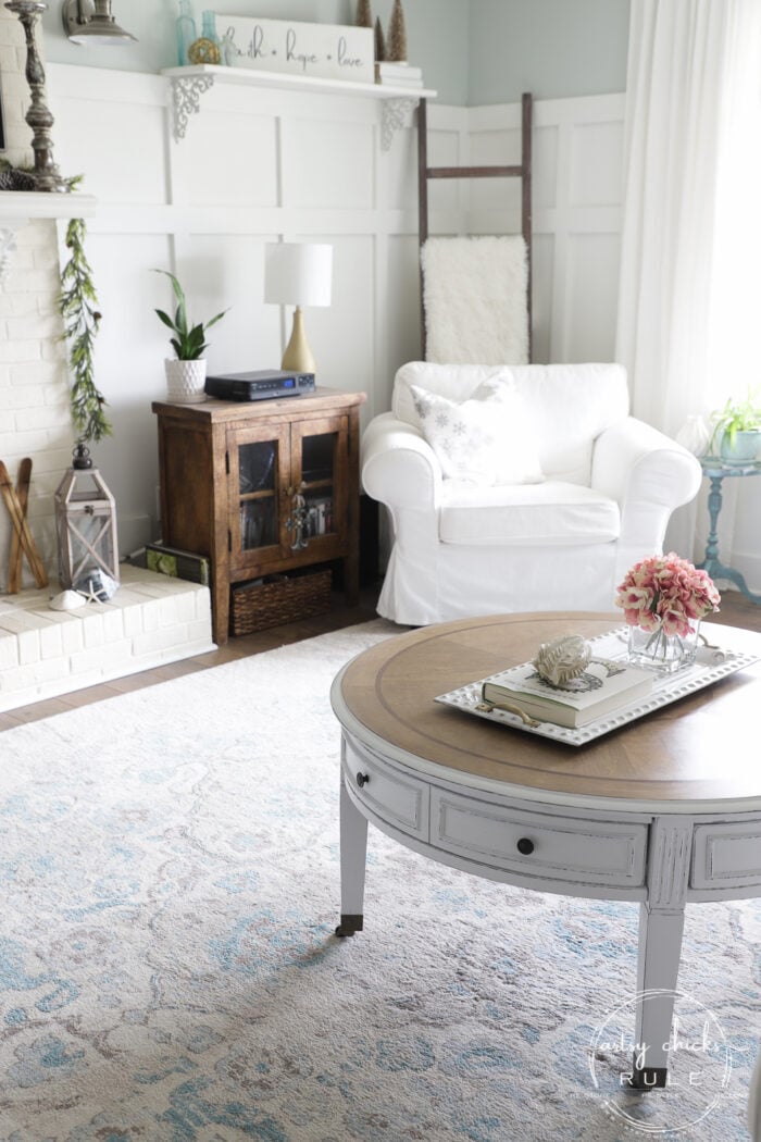 This $35 thrift store coffee table got a brand new, coastal style coffee table look ...with a little paint, stain and poly! Simple! artsychicksrule.com #coffeetablemakeover #coastalstyle #gelstain #chalkpaintedfurniture 