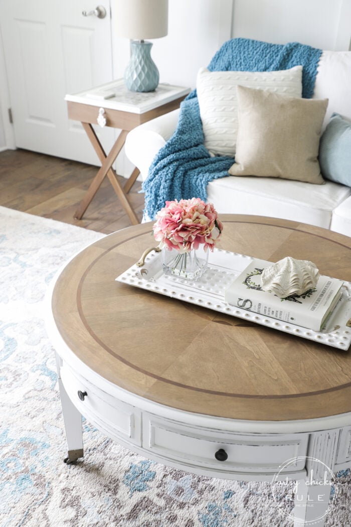 This $35 thrift store coffee table got a brand new, coastal style coffee table look ...with a little paint, stain and poly! Simple! artsychicksrule.com #coffeetablemakeover #coastalstyle #gelstain #chalkpaintedfurniture 