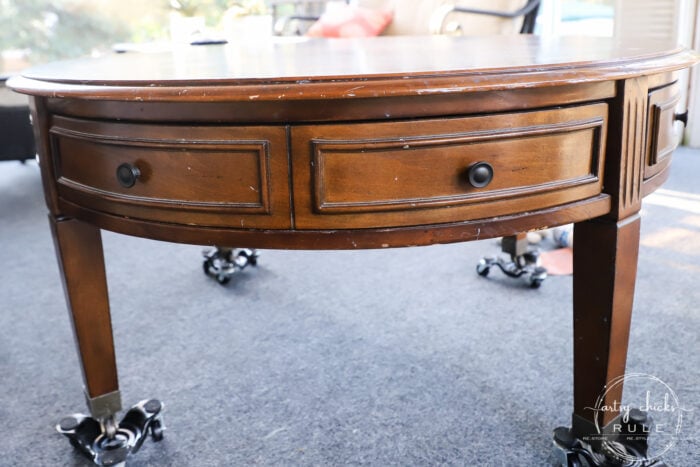 This $35 thrift store coffee table got a brand new, coastal style coffee table look ...with a little paint, stain and poly! Simple! artsychicksrule.com #coffeetablemakeover #coastalstyle #gelstain #chalkpaintedfurniture 