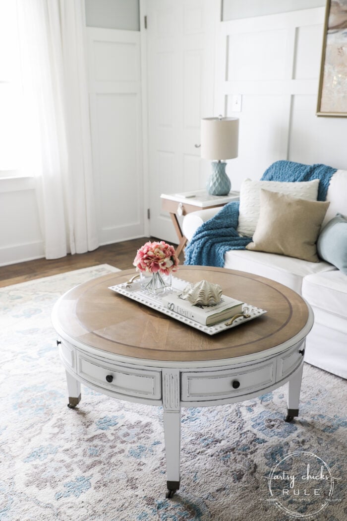 This $35 thrift store coffee table got a brand new, coastal style coffee table look ...with a little paint, stain and poly! Simple! artsychicksrule.com #coffeetablemakeover #coastalstyle #gelstain #chalkpaintedfurniture 