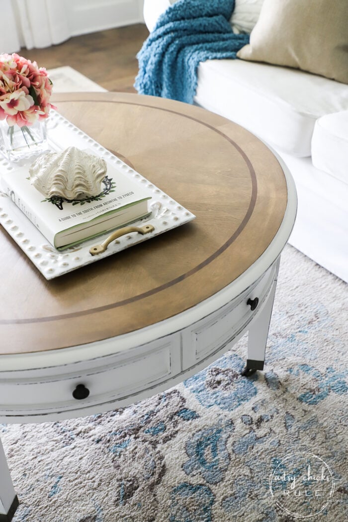 This $35 thrift store coffee table got a brand new, coastal style coffee table look ...with a little paint, stain and poly! Simple! artsychicksrule.com #coffeetablemakeover #coastalstyle #gelstain #chalkpaintedfurniture 