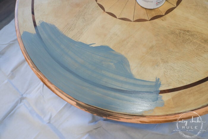 This $35 thrift store coffee table got a brand new, coastal style coffee table look ...with a little paint, stain and poly! Simple! artsychicksrule.com #coffeetablemakeover #coastalstyle #gelstain #chalkpaintedfurniture 