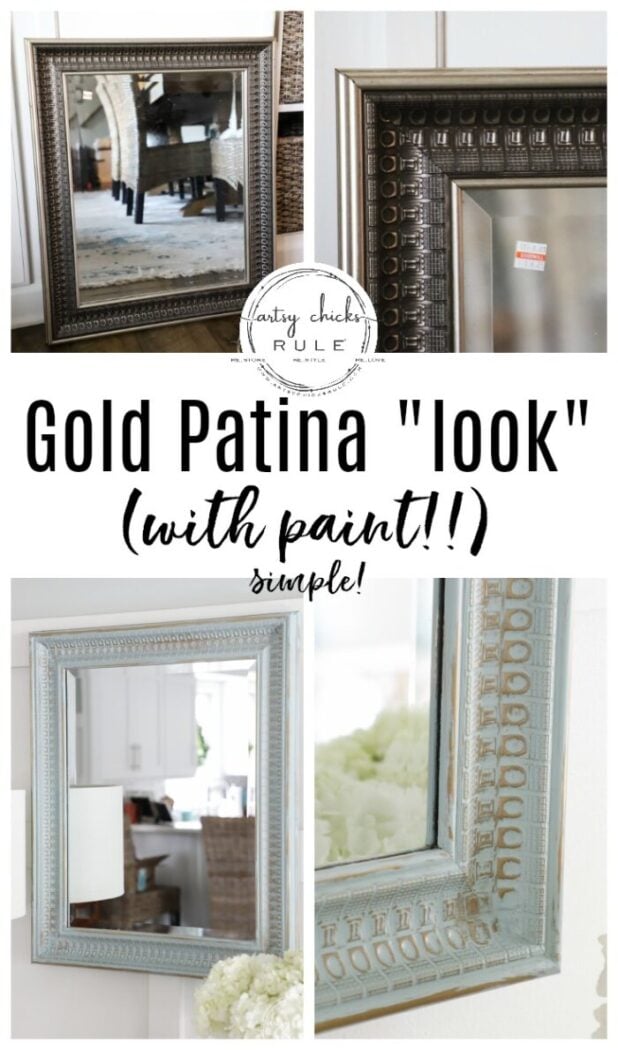 It's SO simple to add the look of gold patina to just about anything with these two things!!! This $6 thrift store mirror got a brand new look! artsychicksrule.com #goldpatina #patinafinish #mirrormakeover 