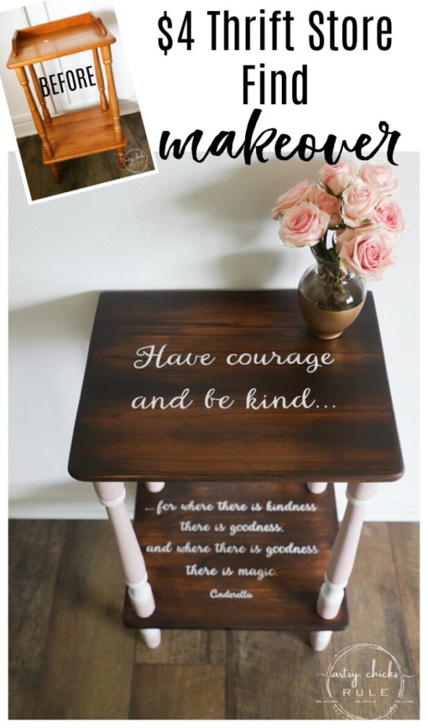 Outdated and orange no more! Java stain, pink paint and the sweetest quote ever! (FREE printable!) artsychicksrule.com #freeprintable #havecourageandbekind #cinderella #childrensfurniture 