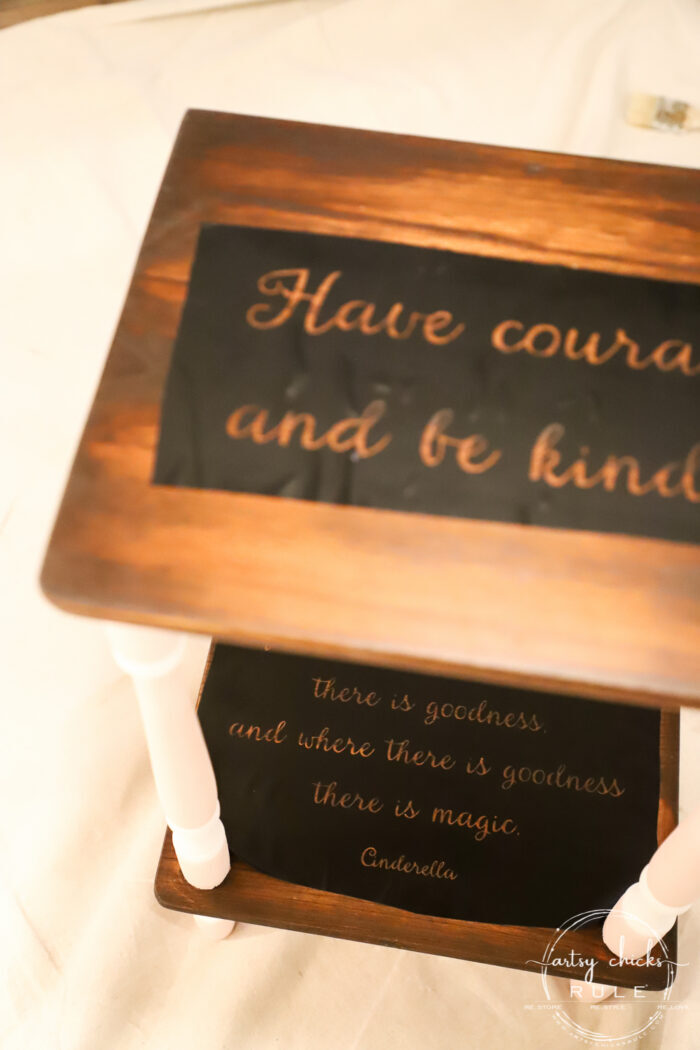 Outdated and orange no more! Java stain, pink paint and the sweetest quote ever! (FREE printable!) artsychicksrule.com #freeprintable #havecourageandbekind #cinderella #childrensfurniture 