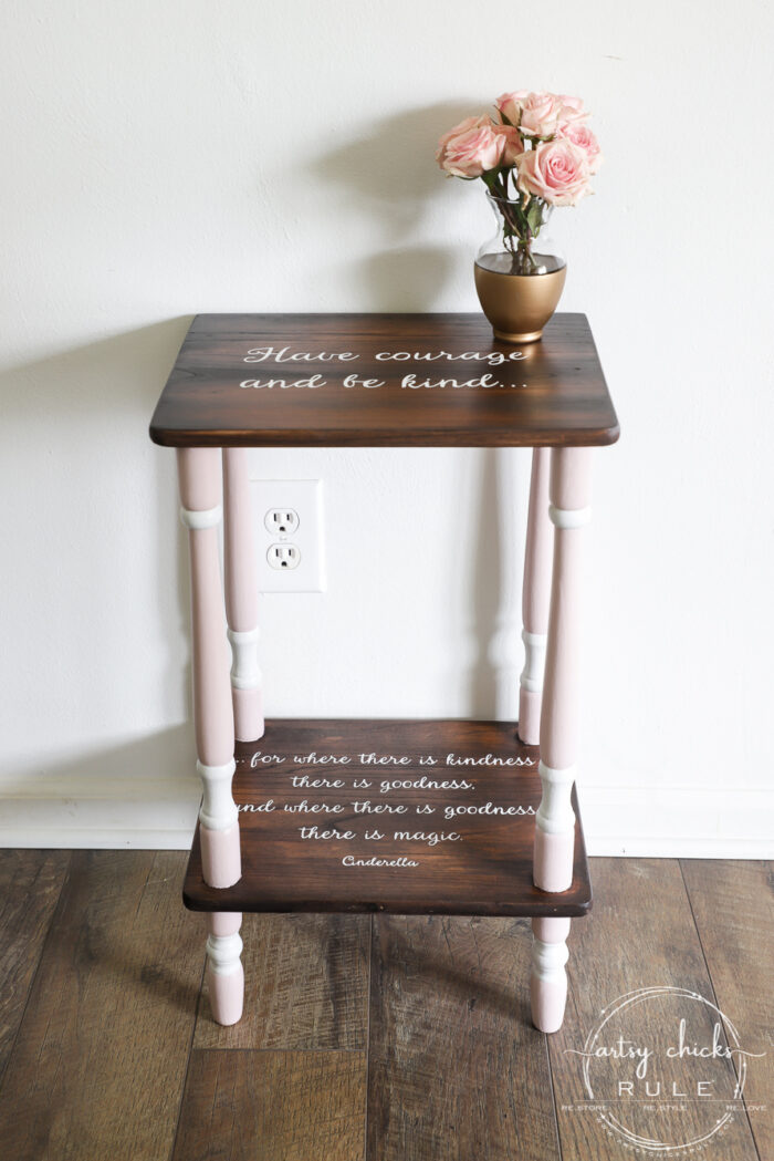 Outdated and orange no more! Java stain, pink paint and the sweetest quote ever! (FREE printable!) artsychicksrule.com #freeprintable #havecourageandbekind #cinderella #childrensfurniture 