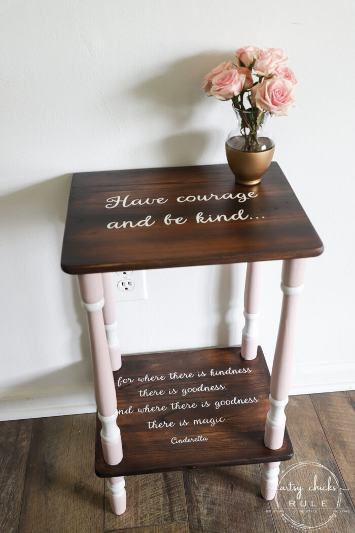 Outdated and orange no more! Java stain, pink paint and the sweetest quote ever! (FREE printable!) artsychicksrule.com #freeprintable #havecourageandbekind #cinderella #childrensfurniture 