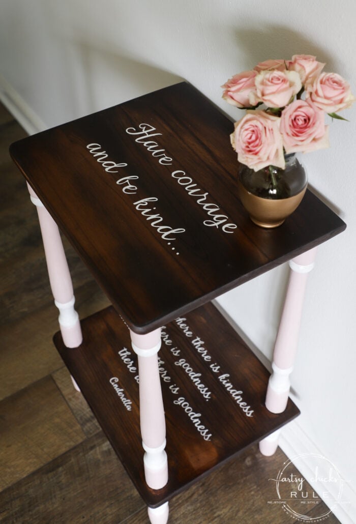 Outdated and orange no more! Java stain, pink paint and the sweetest quote ever! (FREE printable!) artsychicksrule.com #freeprintable #havecourageandbekind #cinderella #childrensfurniture