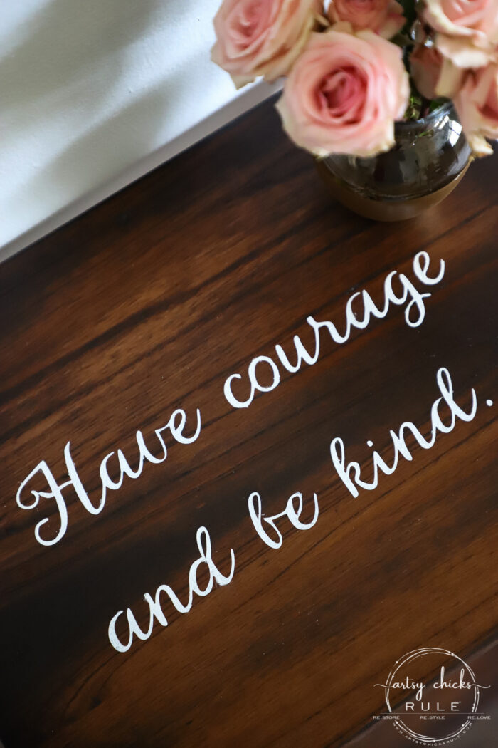 Outdated and orange no more! Java stain, pink paint and the sweetest quote ever! (FREE printable!) artsychicksrule.com #freeprintable #havecourageandbekind #cinderella #childrensfurniture 