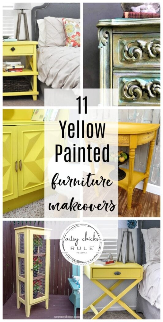 Add a little pop of color, and bring some spring inside, with yellow! Check out these yellow furniture makeovers for beautiful inspiration to get you started. artsychicksrule.com #yellowfurniture #yellowpaintedmakeovers #furnituremakeovers