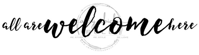 Create a welcoming sign with this "all are welcome here" free graphic I'm sharing! Plus see how I transformed this $3 thrift store find. artsychicksrule.com #freeprintable #allarewelcomehere #welcomesign #silhouettecameo
