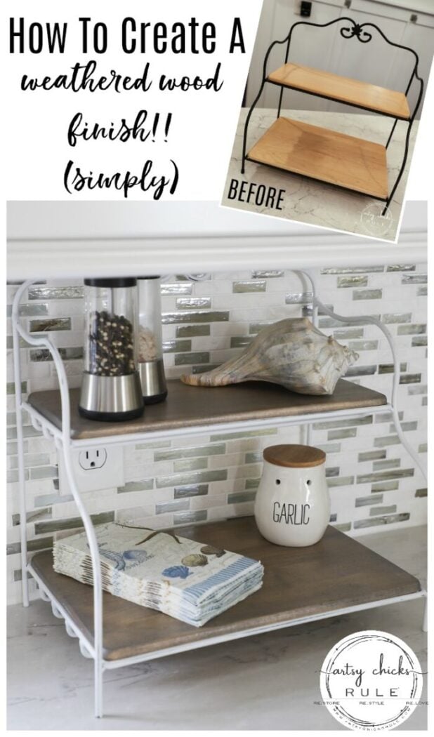 Another simple way to create the look of a weathered wood finish! There are multiple ways, as I talk about on the blog, this is just one of them! artsychicksrule.com #weatheredwoodfinish #weatheredwood #howtoweatherwood 