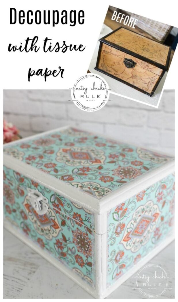 Decoupage with tissue paper is a fun way to change it up! Lots to choose from with so many decorative tissue papers available! artsychicksrule.com #tissuepaper #decoupage #tissuepaperdecoupage