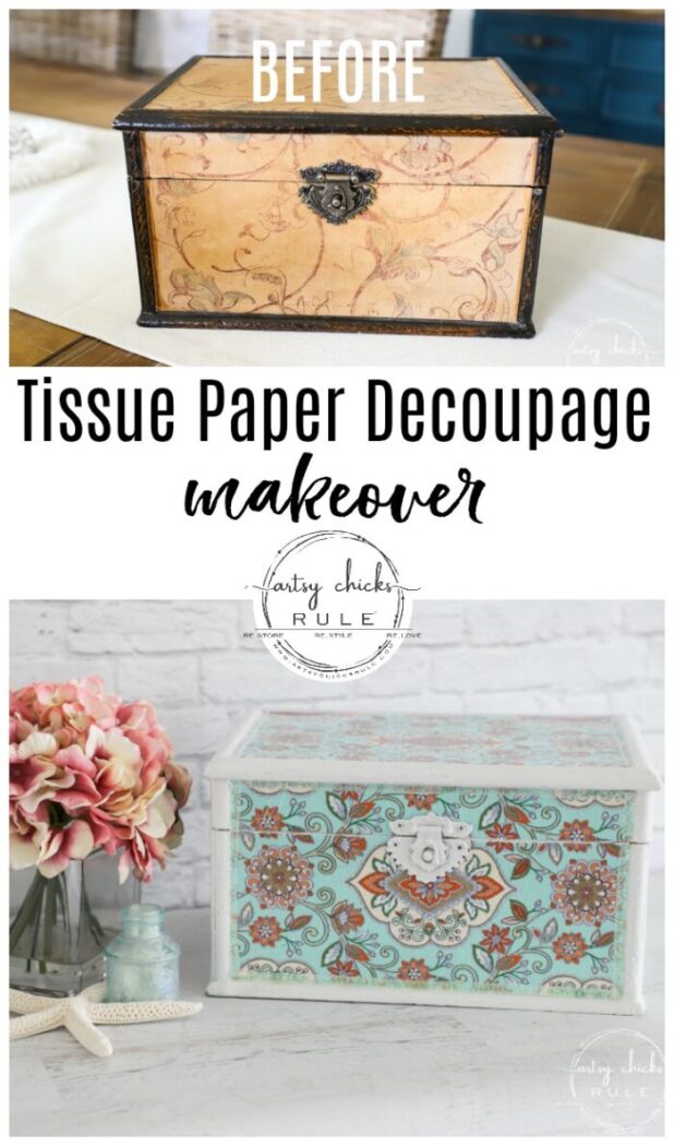 Decoupage with tissue paper is a fun way to change it up! Lots to choose from with so many decorative tissue papers available! artsychicksrule.com #tissuepaper #decoupage #tissuepaperdecoupage