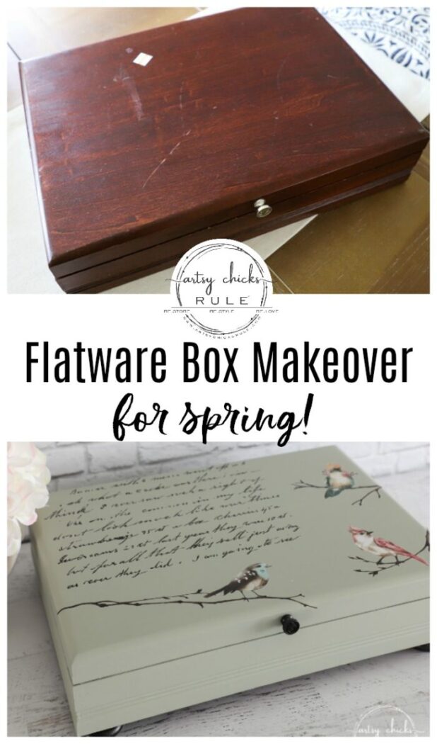 This old flatware box makeover uses pretty green paint, colorful new fabric and bird transfers for spring! Perfect for holding many things besides flatware! artsychicksrule.com #flatwarebox #silverwarebox #primadesigns #springprojects #fabricprojects