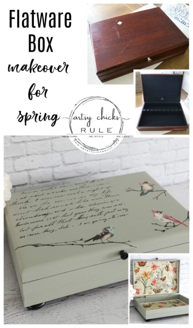 This old flatware box makeover uses pretty green paint, colorful new fabric and bird transfers for spring! Perfect for holding many things besides flatware! artsychicksrule.com #flatwarebox #silverwarebox #primadesigns #springprojects #fabricprojects
