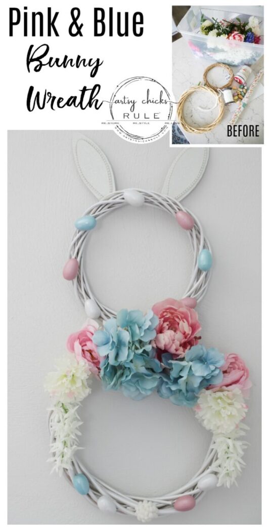 This adorable pink & blue bunny wreath is simple to throw together with just a few items! Perfect for spring and a fun project for kids! artsychicksrule.com #bunnywreath #pinkandbluewreath #springwreath #bunnyprojects