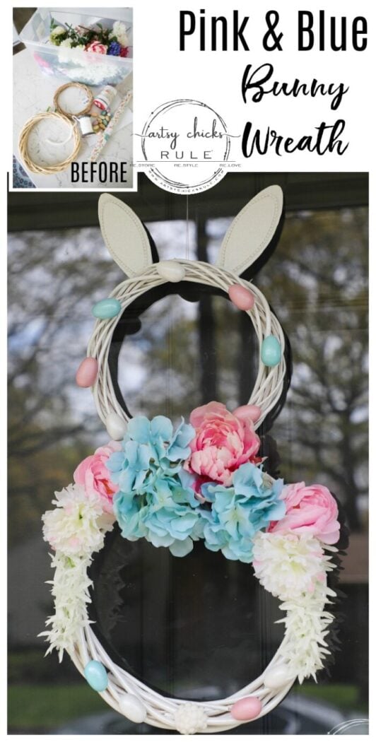 This adorable pink & blue bunny wreath is simple to throw together with just a few items! Perfect for spring and a fun project for kids! artsychicksrule.com #bunnywreath #pinkandbluewreath #springwreath #bunnyprojects