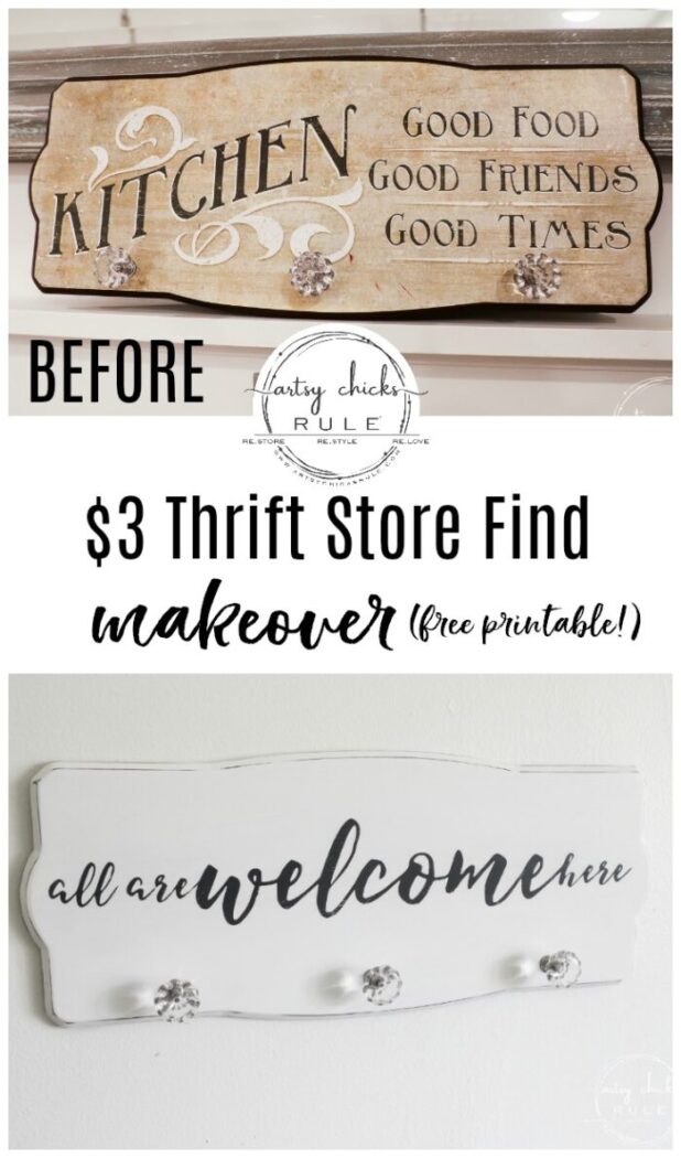 Create a welcoming sign with this "all are welcome here" free graphic I'm sharing! Plus see how I transformed this $3 thrift store find. artsychicksrule.com #freeprintable #allarewelcomehere #welcomesign #silhouettecameo