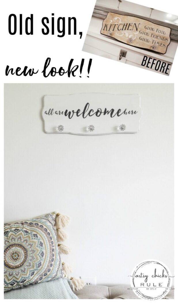 Create a welcoming sign with this "all are welcome here" free graphic I'm sharing! Plus see how I transformed this $3 thrift store find. artsychicksrule.com #freeprintable #allarewelcomehere #welcomesign #silhouettecameo