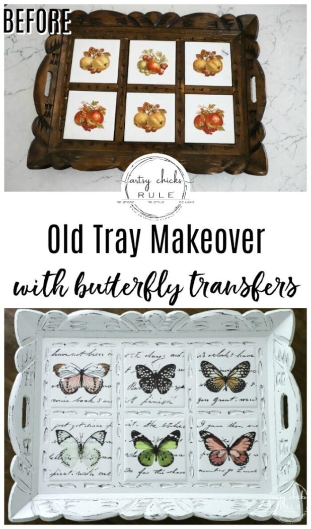 Butterfly transfers made transforming this butterfly tray makeover simple! (plus see how we found it in our brand new video!) artsychicksrule.com #butterflytray #butterflytransfers #primatransfers #butterflydecor