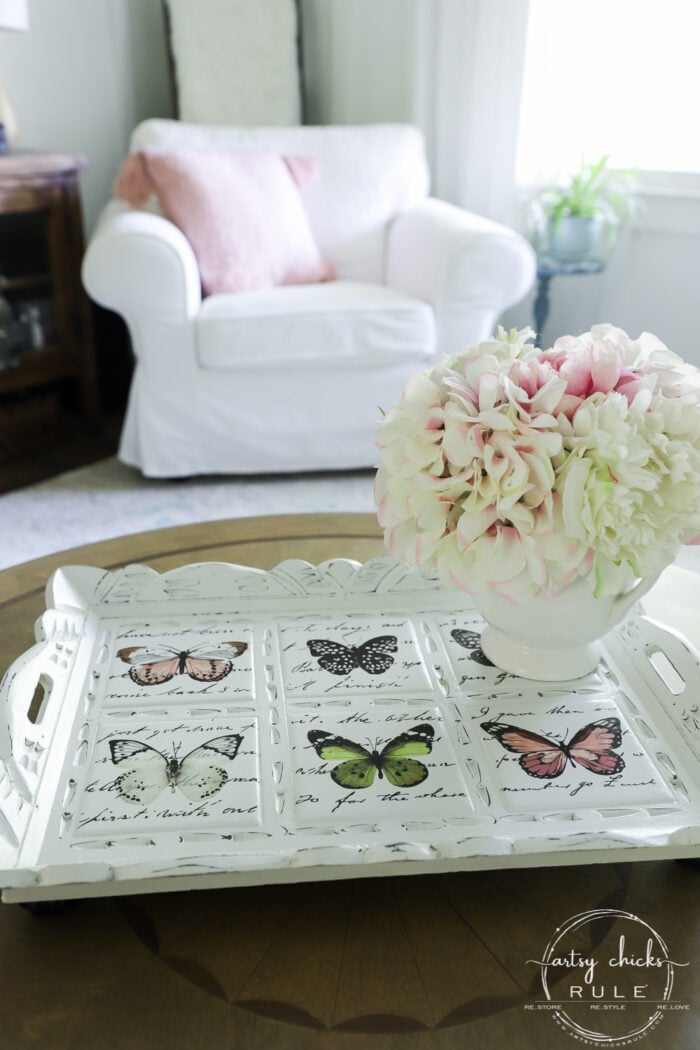 Butterfly transfers made transforming this butterfly tray makeover simple! (plus see how we found it in our brand new video!) artsychicksrule.com #butterflytray #butterflytransfers #primatransfers #butterflydecor