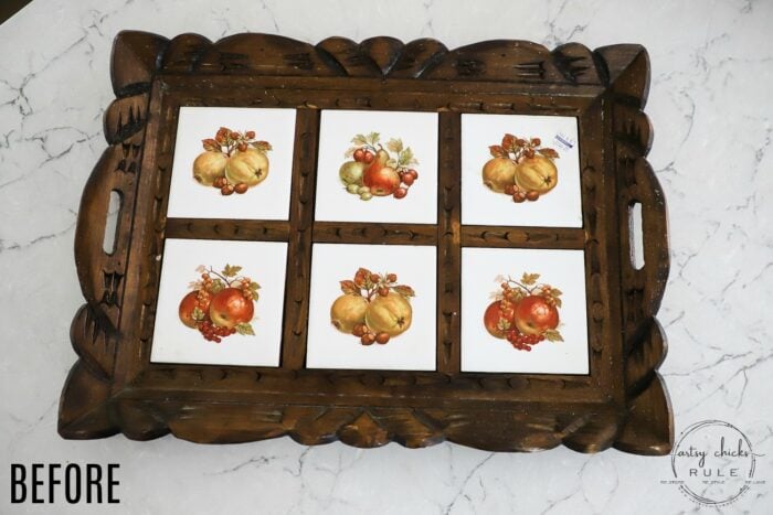 wood tray with white tiles and fruit motifs