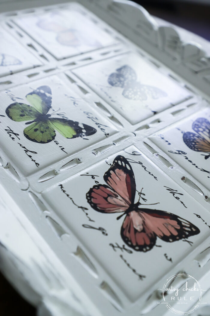 Butterfly transfers made transforming this butterfly tray makeover simple! (plus see how we found it in our brand new video!) artsychicksrule.com #butterflytray #butterflytransfers #primatransfers #butterflydecor