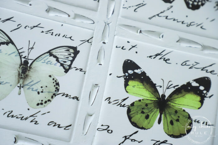 Butterfly transfers made transforming this butterfly tray makeover simple! (plus see how we found it in our brand new video!) artsychicksrule.com #butterflytray #butterflytransfers #primatransfers #butterflydecor