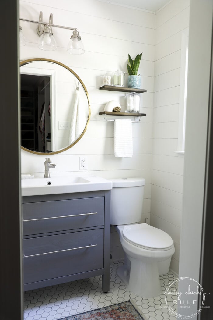 Sharing our coastal bathroom remodel makeover today! All the details, all the sources, (plus before and afters) for everything we used in this remodel. artsychicksrule.com #coastalbathroom #coastaldecor #coastalhome #coastalstyle #bathroomremodel