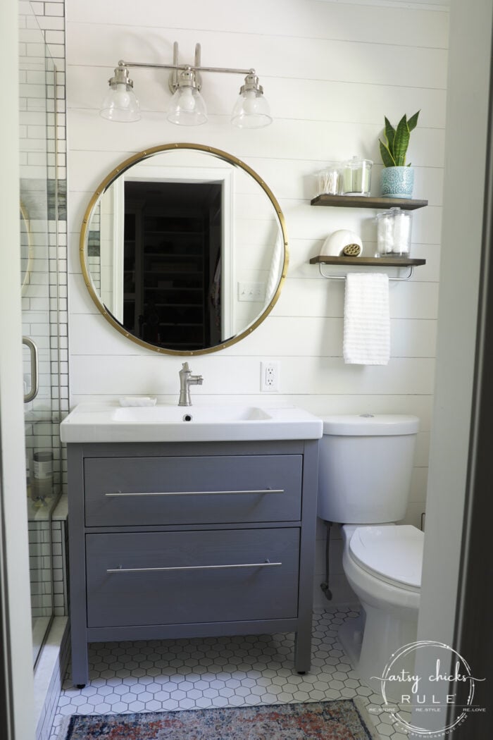 Sharing our coastal bathroom remodel makeover today! All the details, all the sources, (plus before and afters) for everything we used in this remodel. artsychicksrule.com #coastalbathroom #coastaldecor #coastalhome #coastalstyle #bathroomremodel