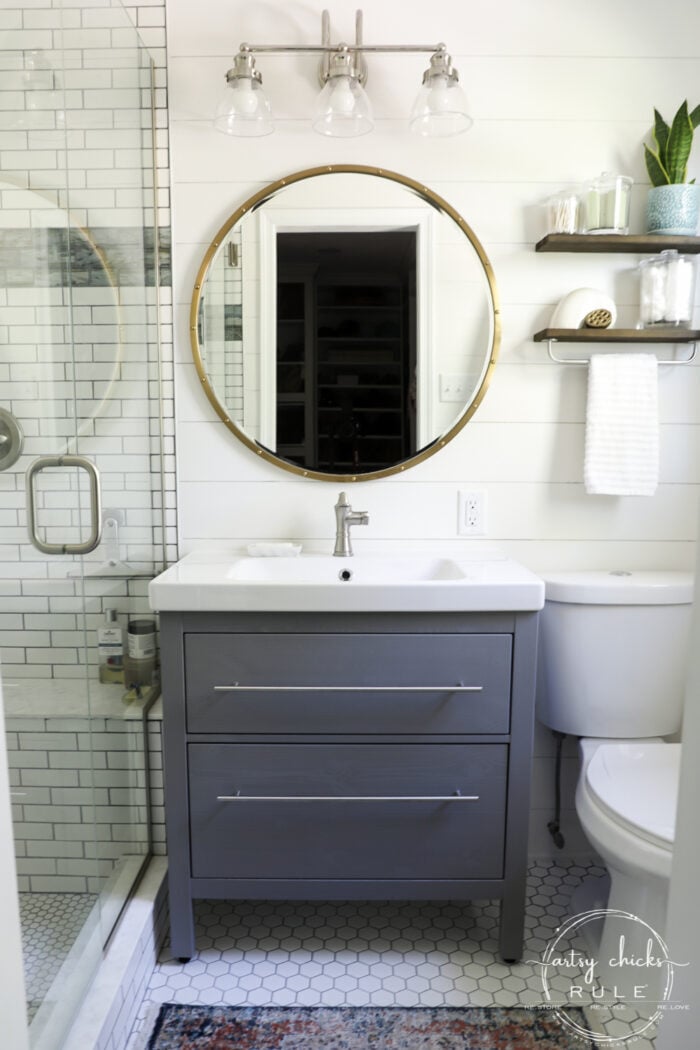 Sharing our coastal bathroom remodel makeover today! All the details, all the sources, (plus before and afters) for everything we used in this remodel. artsychicksrule.com #coastalbathroom #coastaldecor #coastalhome #coastalstyle #bathroomremodel