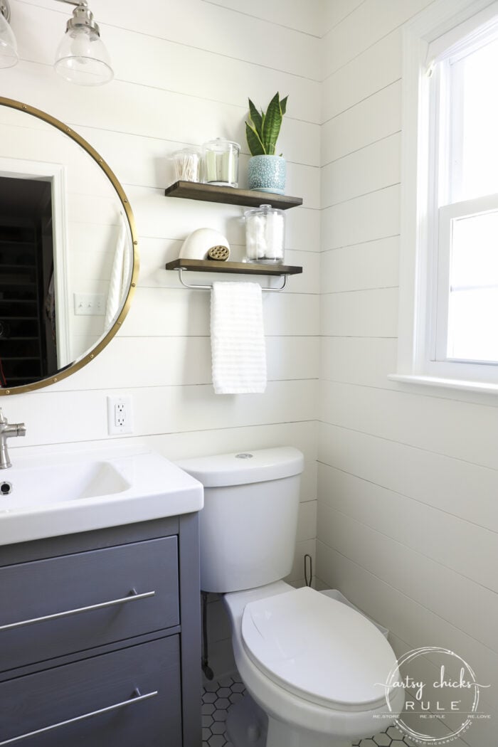 Sharing our coastal bathroom remodel makeover today! All the details, all the sources, (plus before and afters) for everything we used in this remodel. artsychicksrule.com #coastalbathroom #coastaldecor #coastalhome #coastalstyle #bathroomremodel