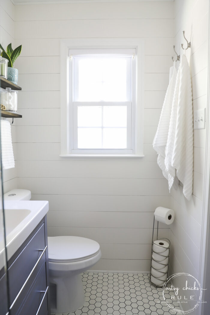 Sharing our coastal bathroom remodel makeover today! All the details, all the sources, (plus before and afters) for everything we used in this remodel. artsychicksrule.com #coastalbathroom #coastaldecor #coastalhome #coastalstyle #bathroomremodel