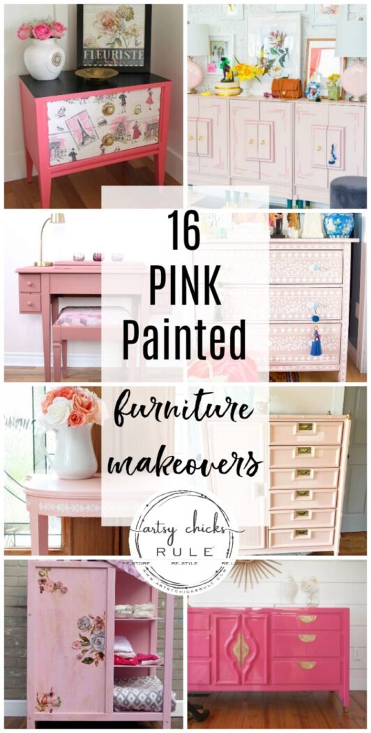 Pink furniture makeover ideas, from the brightest Fuschia to the palest pink for every style of decor! artsychicksrule.com #pinkfurnitureideas #pinkfurnituremakeovers #pinkpaintedfurniture