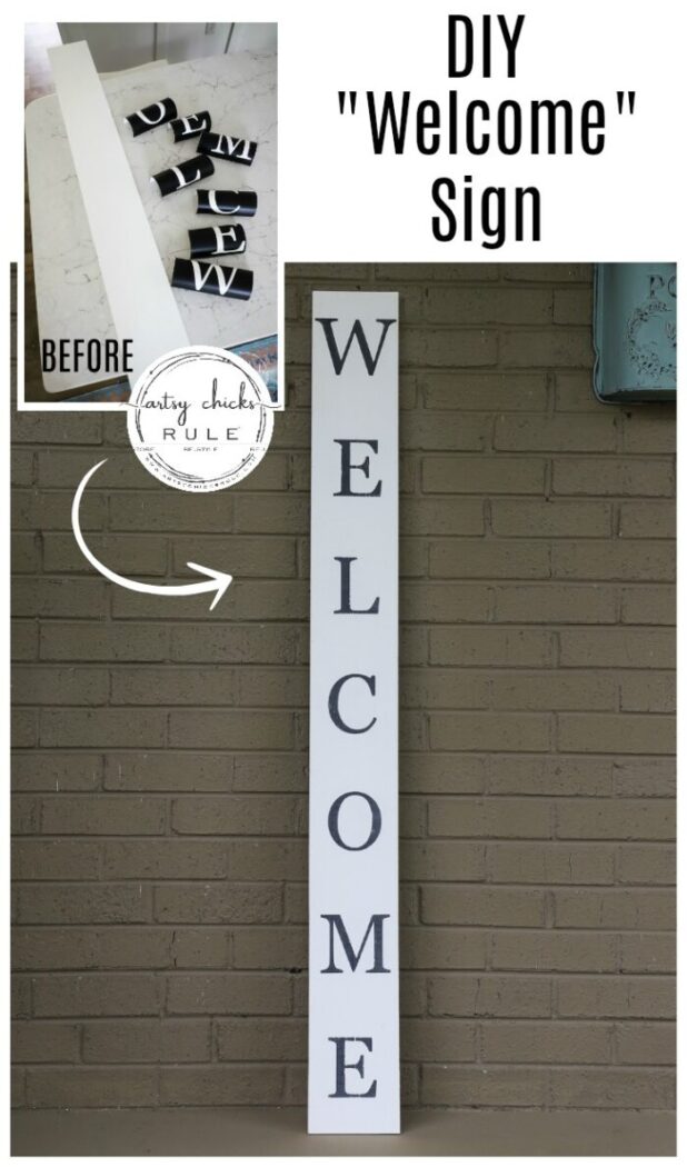 Create your very own "WELCOME porch sign" out of scrap wood and simple letters! Download the free letter printables here! artsychicksrule.com #freeprintable #welcomeporchsign #welcomesign #silhouetteprojects 