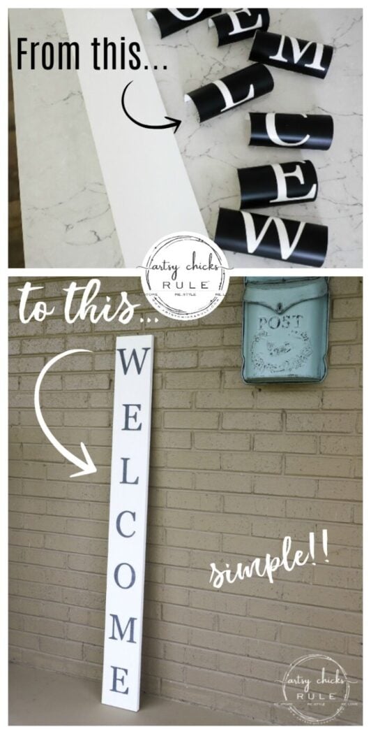 Create your very own "WELCOME porch sign" out of scrap wood and simple letters! Download the free letter printables here! artsychicksrule.com #freeprintable #welcomeporchsign #welcomesign #silhouetteprojects 