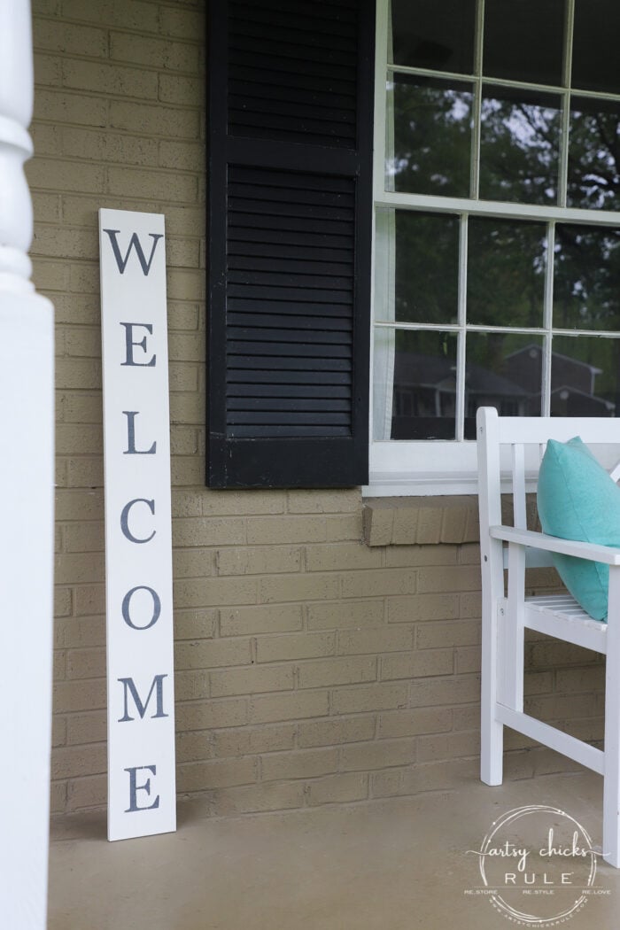 Create your very own "WELCOME porch sign" out of scrap wood and simple letters! Download the free letter printables here! artsychicksrule.com #freeprintable #welcomeporchsign #welcomesign #silhouetteprojects 