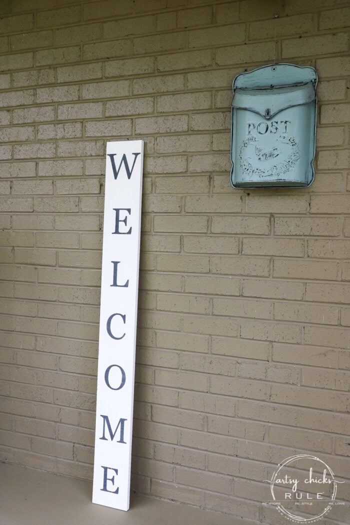 Create your very own "WELCOME porch sign" out of scrap wood and simple letters! Download the free letter printables here! artsychicksrule.com #freeprintable #welcomeporchsign #welcomesign #silhouetteprojects 