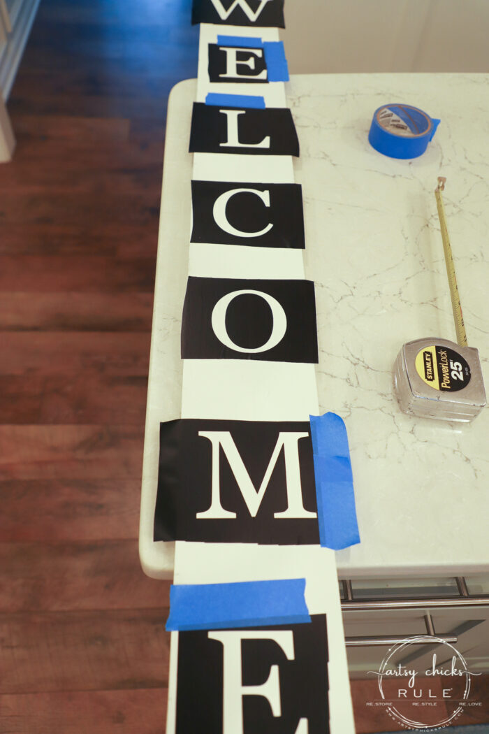 Create your very own "WELCOME porch sign" out of scrap wood and simple letters! Download the free letter printables here! artsychicksrule.com #freeprintable #welcomeporchsign #welcomesign #silhouetteprojects 