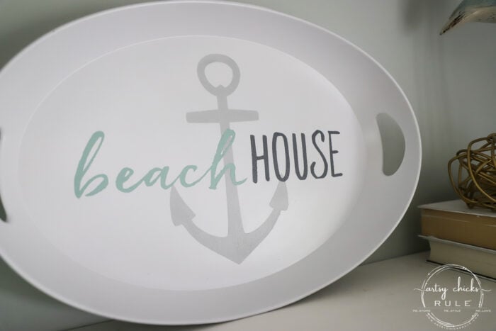 Cheapy thrift store find turned beach house platter...simple, fun, and budget-friendly way to decorate your home! artsychicksrule.com #beachhouseplatter #beachdecor #beachhouse #coastaldecor