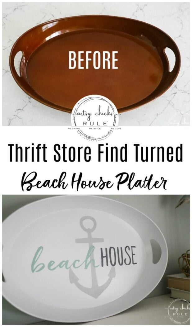 Cheapy thrift store find turned beach house platter...simple, fun, and budget-friendly way to decorate your home! artsychicksrule.com #beachhouseplatter #beachdecor #beachhouse #coastaldecor