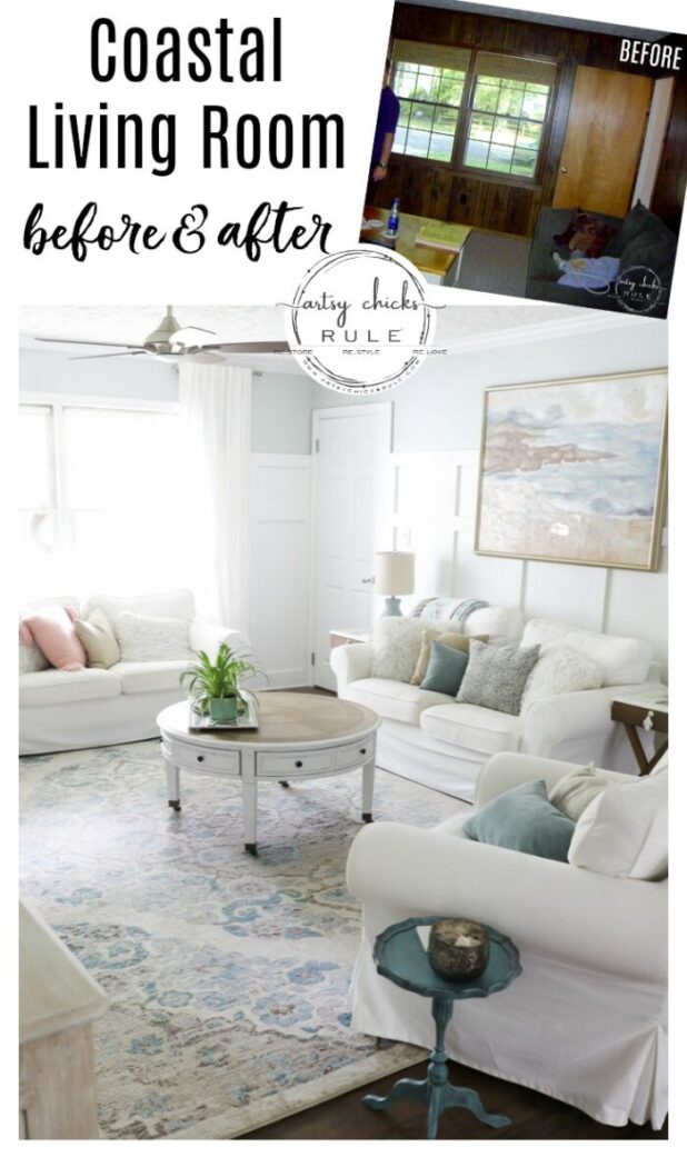 See this COASTAL living room go from dark and dreary to light and bright and airy! artsychicksrule.com #coastallivingroom #coastaldecor #coastalhome