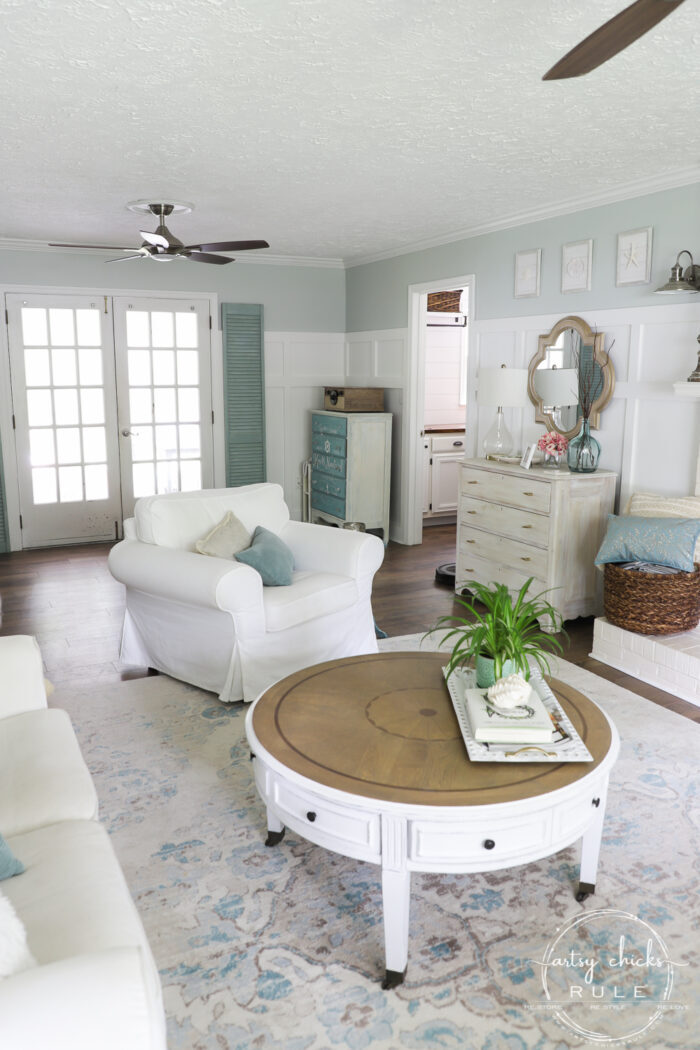 See this COASTAL living room go from dark and dreary to light and bright and airy! artsychicksrule.com #coastallivingroom #coastaldecor #coastalhome