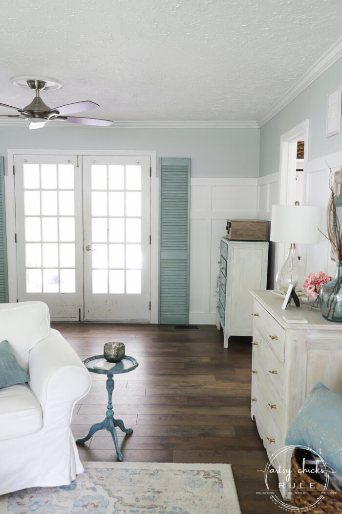 Duck Egg Blue Shutters in coastal living room artsychicksrule.com