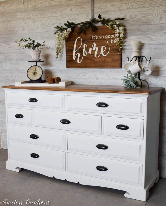 white dresser black pulls wood top